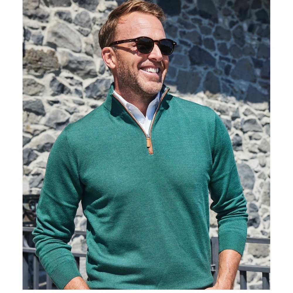Collars & Co Men Size Small Quarter Zip Sweater Green Merino Wool Mock Neck NWT